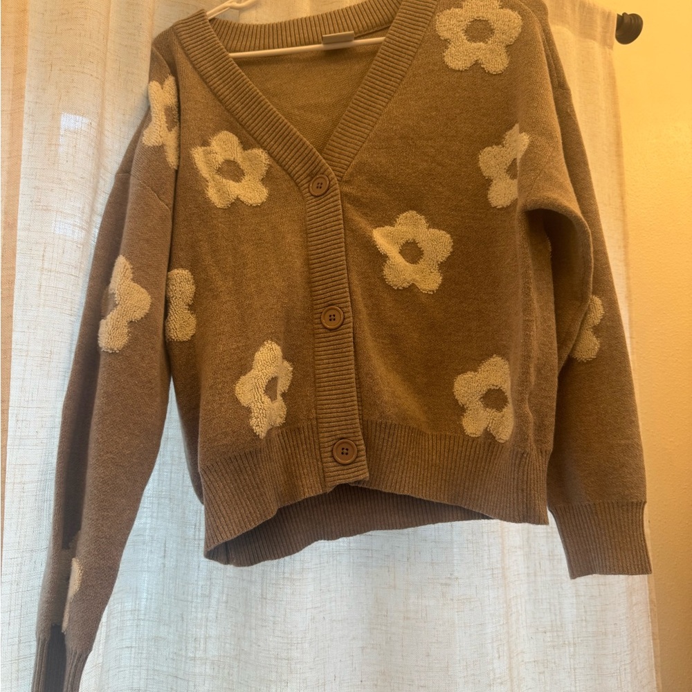 Floral Patterned Brown Cardigan Sweater